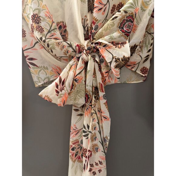 Oliveaceous Floral Print High Neck Tie Front Blouse With Smocked Cuffs & Long Ta - Picture 2 of 7